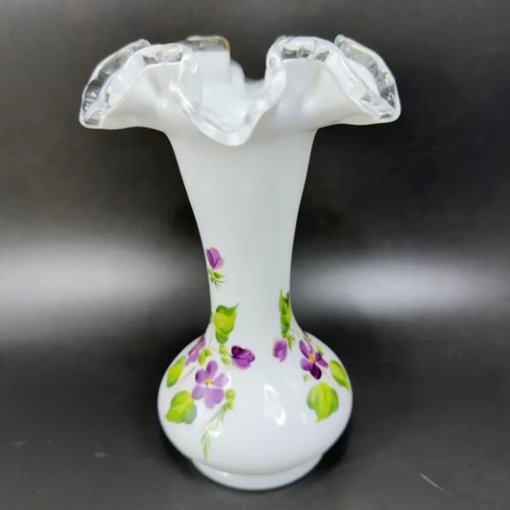 Fenton Hand Painted Violet Flowers Art Glass Vase‎ Vessel Ruffled Top Vintage